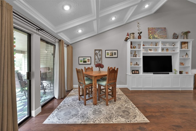 dining room with ornamental molding, beamed ceiling, coffered ceiling, and dark hardwood / wood-style floors