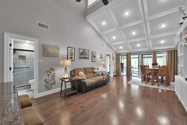 living room with ornamental molding, beamed ceiling, high vaulted ceiling, and dark hardwood / wood-style floors