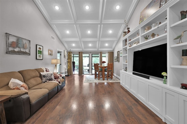 living room featuring built in features, ornamental molding, dark hardwood / wood-style flooring, and lofted ceiling with beams