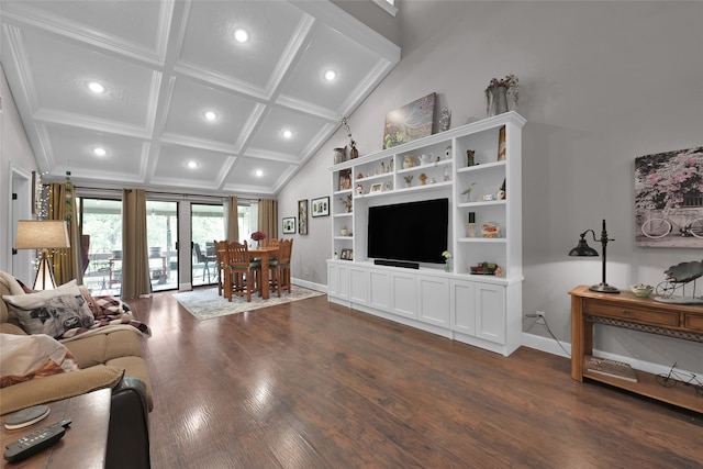 living room featuring dark hardwood / wood-style floors, lofted ceiling with beams, and ornamental molding