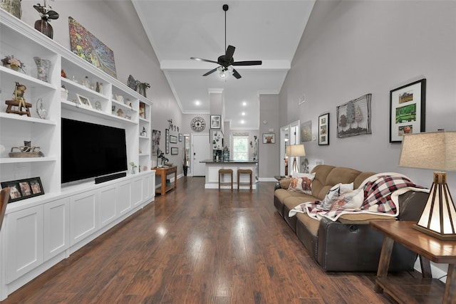 living room with dark wood-type flooring, ceiling fan, high vaulted ceiling, and ornamental molding