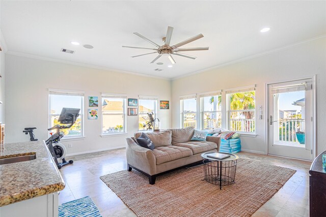 4010 Shallow Reef, Galveston, TX 77554 - living area with ceiling fan, crown molding, baseboards, and recessed lighting