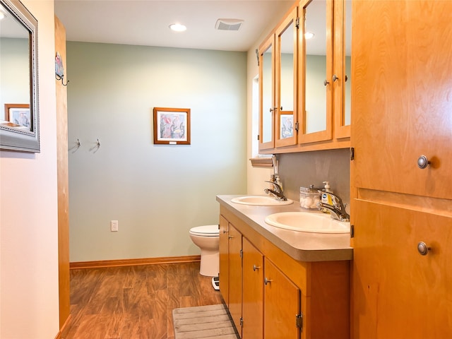 bathroom featuring vanity, toilet, and wood-type flooring