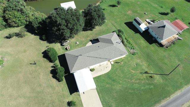 drone / aerial view featuring a water view