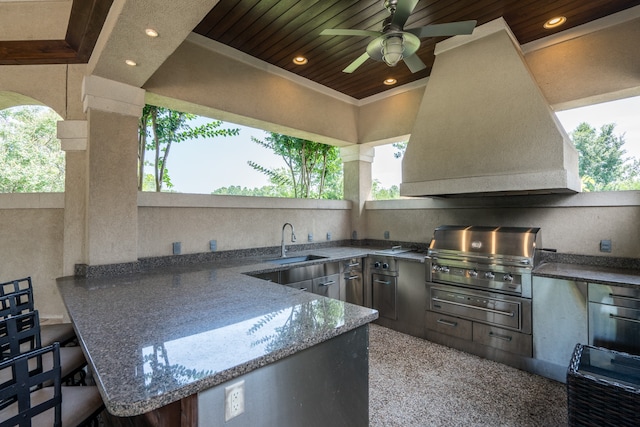 kitchen with wood ceiling, sink, premium range hood, dark stone counters, and ceiling fan