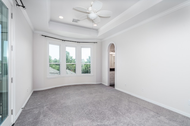 spare room with crown molding, ceiling fan, a raised ceiling, and carpet floors