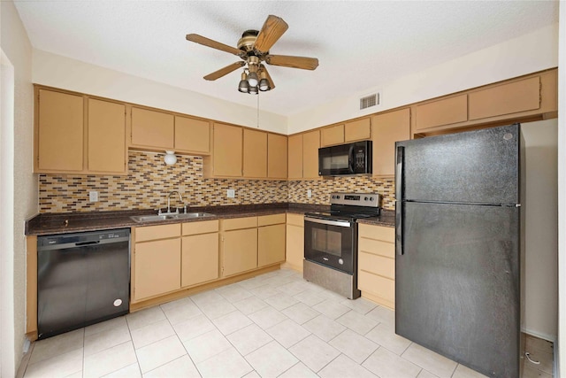 kitchen with black appliances, sink, ceiling fan, light brown cabinetry, and tasteful backsplash