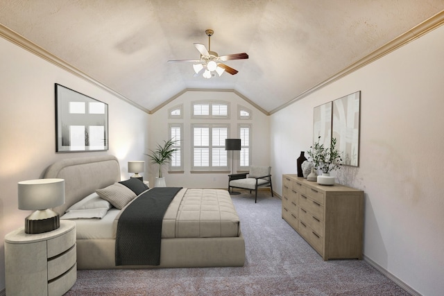 carpeted bedroom featuring lofted ceiling, ceiling fan, crown molding, and a textured ceiling