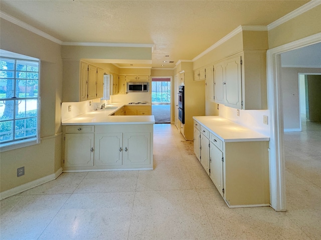 kitchen featuring double oven, sink, kitchen peninsula, and a healthy amount of sunlight