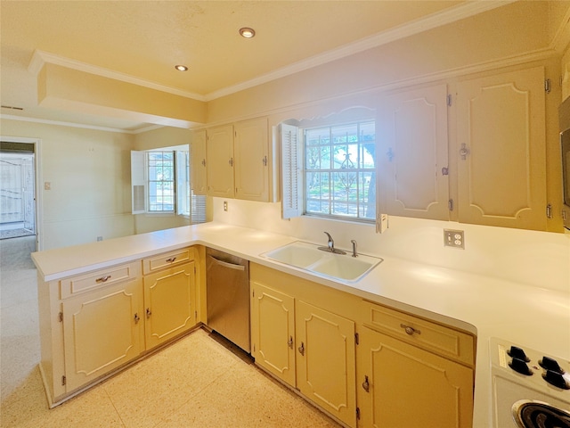 kitchen with a wealth of natural light, sink, kitchen peninsula, and stainless steel dishwasher