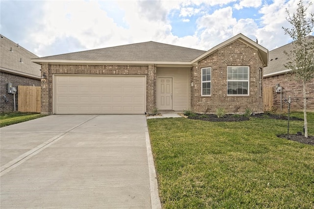 ranch-style house featuring a garage and a front yard