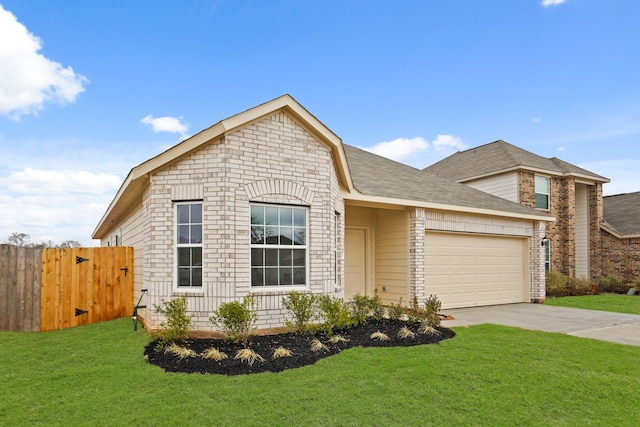 view of front of home with a garage and a front lawn