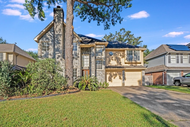 view of front of home with a front yard and a garage