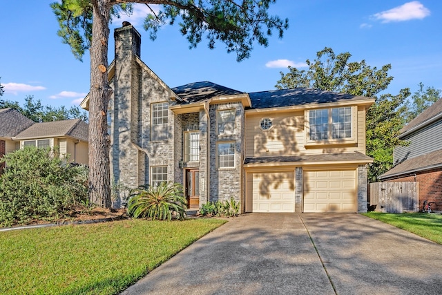 view of front of home featuring a front yard and a garage