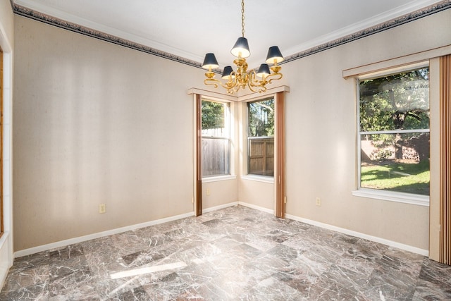 unfurnished room with ornamental molding and an inviting chandelier