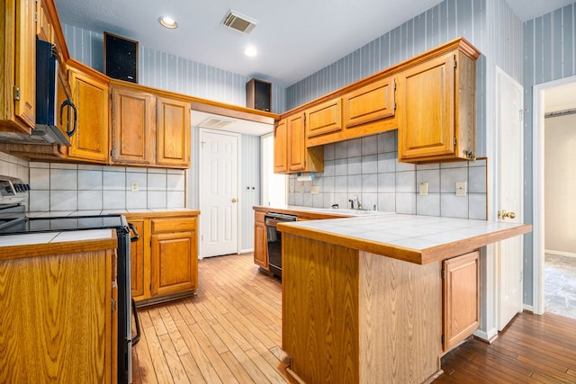 kitchen with electric range, light hardwood / wood-style floors, tile counters, and backsplash