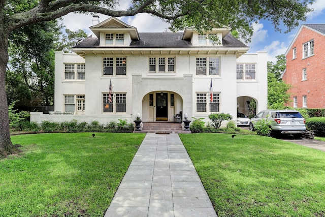 view of front of property featuring a front lawn