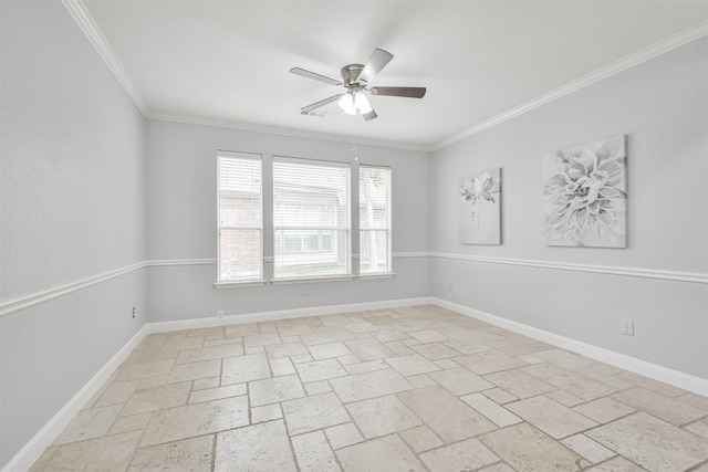 unfurnished room with ceiling fan and crown molding