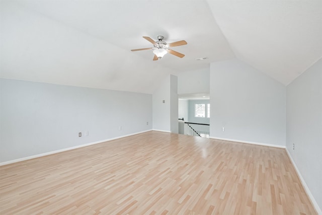 bonus room featuring vaulted ceiling, ceiling fan, and light hardwood / wood-style floors