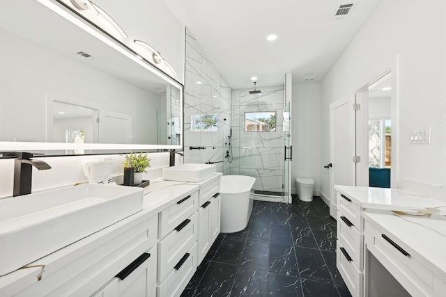 full bathroom with shower with separate bathtub, toilet, and vanity