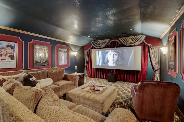 cinema room with carpet, a textured ceiling, vaulted ceiling, and crown molding