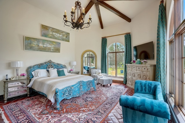 bedroom featuring a notable chandelier, beam ceiling, and high vaulted ceiling