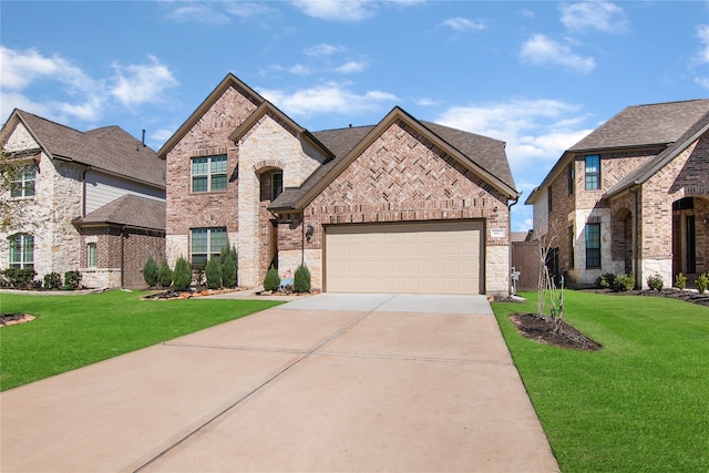 french country inspired facade with a garage and a front yard