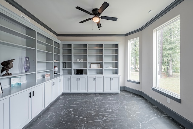 interior space with crown molding, plenty of natural light, and white cabinetry