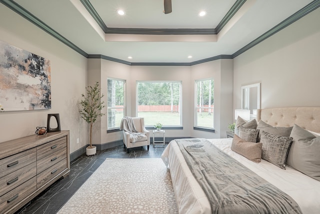 bedroom featuring ornamental molding and ceiling fan