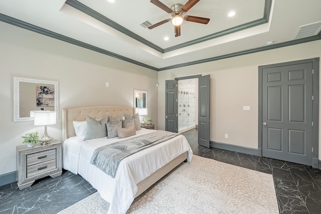 bedroom featuring ceiling fan, a raised ceiling, and ornamental molding