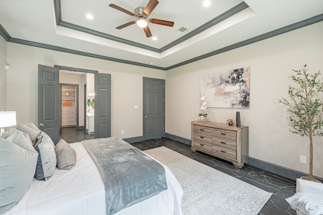 bedroom featuring a raised ceiling, crown molding, and ceiling fan