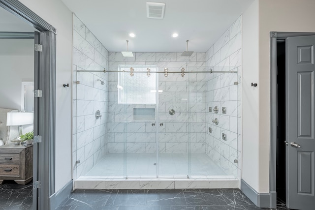 bathroom with mail boxes and walk in shower