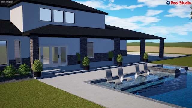 rear view of house with a pool with hot tub, french doors, and a patio area