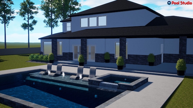 exterior space featuring a pool with hot tub, a lawn, and a patio area