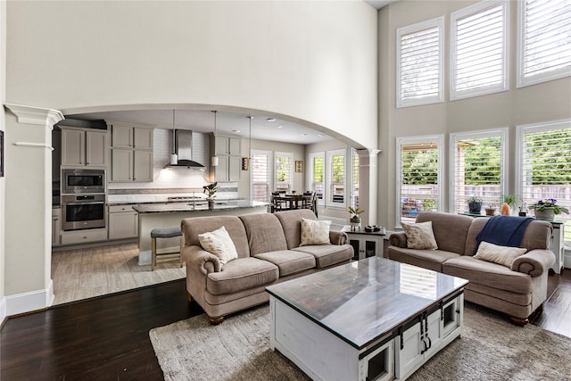 living room with dark wood-type flooring, a wealth of natural light, and a high ceiling