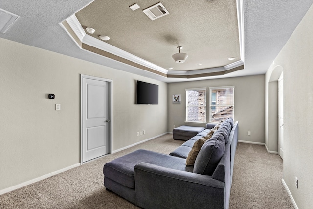 carpeted living room with a raised ceiling and a textured ceiling