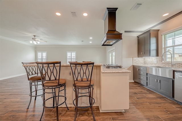 kitchen featuring ornamental molding, ceiling fan, dark wood-type flooring, custom range hood, and gray cabinetry