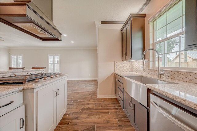 8705 Rowen Ct, Needville, TX 77461 - kitchen featuring tasteful backsplash, a sink, appliances with stainless steel finishes, ornamental molding, and wood finished floors