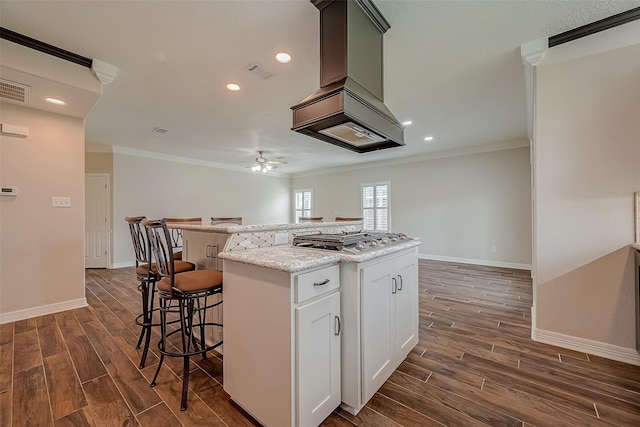 8705 Rowen Ct, Needville, TX 77461 - kitchen featuring crown molding, dark wood-style floors, ceiling fan, and stainless steel gas stovetop