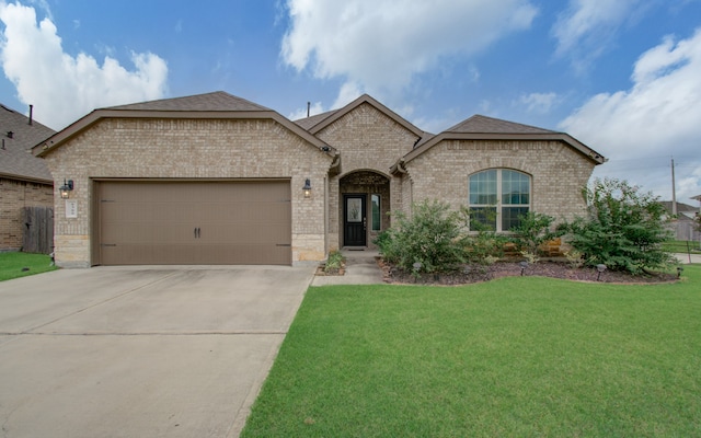 french provincial home featuring a garage and a front lawn