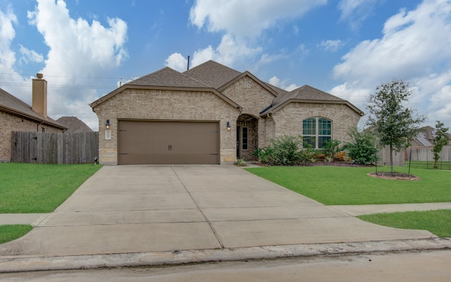 french country inspired facade featuring a front lawn and a garage