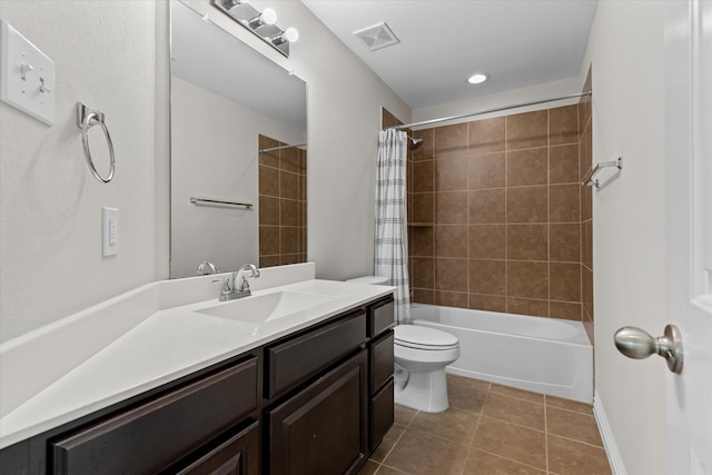 full bathroom with shower / tub combo, tile patterned flooring, vanity, and toilet