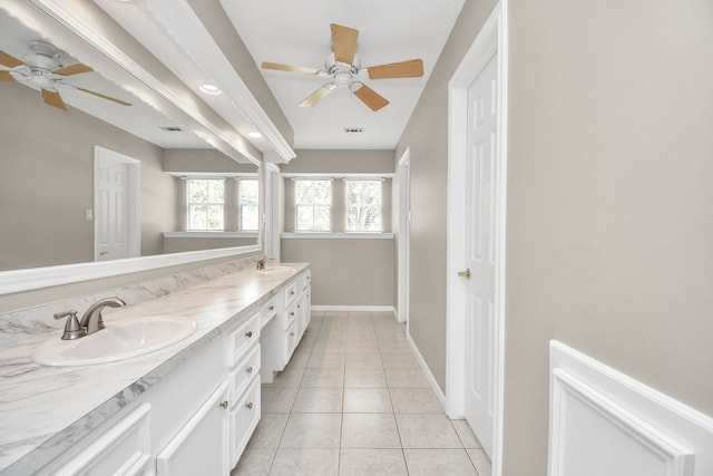 bathroom featuring ceiling fan, vanity, and tile patterned floors