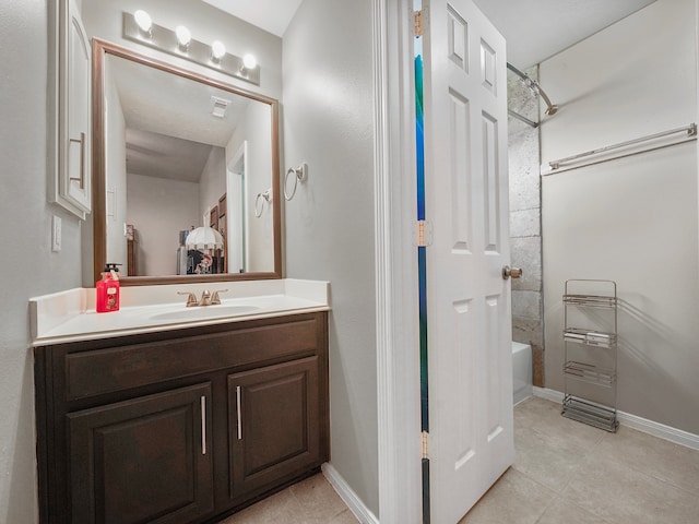 bathroom featuring tile patterned flooring, shower / bath combination, and vanity