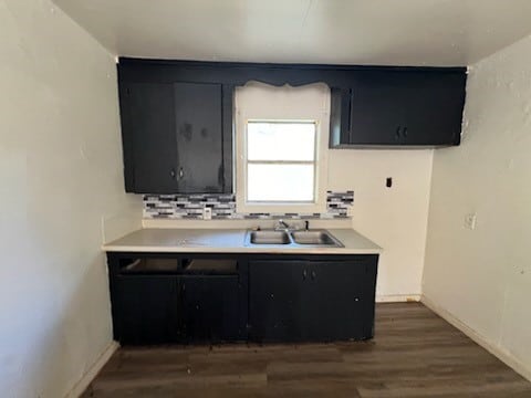 kitchen featuring dark wood-type flooring, backsplash, and sink