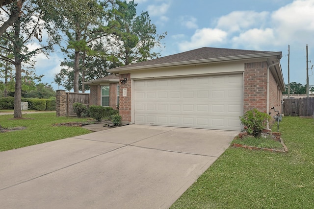 single story home featuring a garage and a front lawn