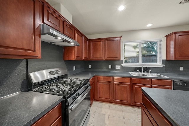 kitchen with stainless steel gas range oven, light tile patterned floors, backsplash, sink, and black dishwasher