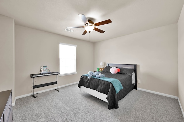 carpeted bedroom with ceiling fan