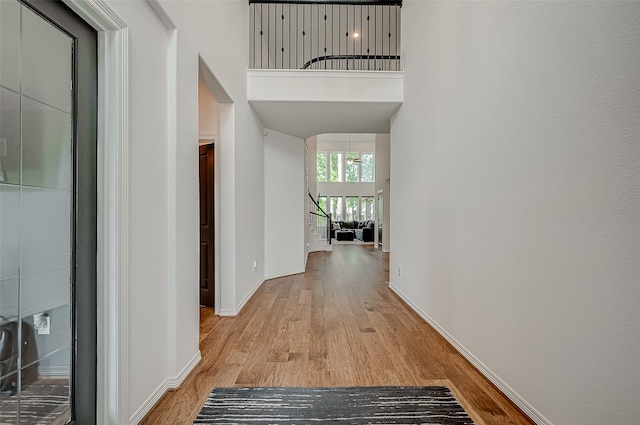 hallway with a high ceiling and light hardwood / wood-style floors