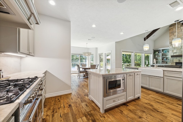 kitchen with plenty of natural light, hanging light fixtures, and appliances with stainless steel finishes